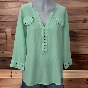 Womens Wrangler Rock 47 3/4 Sleeve V Neck Green‎ Studded Blouse Size L